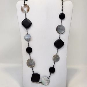 Cookie Lee Wood Shell Bead Long Black Chain Necklace Adjustable Costume Jewelry